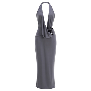 Nouvelle Robe de Soirée Formelle pour Femme, Col Halter, Dos Nu, Couleur Unie, Taille Naturelle, Boucle <span class=keywords><strong>Triangulaire</strong></span>, Cordon Élastique - Product Image 5