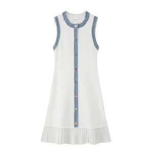 Abito in Maglia e Denim di Alta Qualità, Elegante, Primaverile ed Estivo, Monopetto, con Pieghe e Inserti, Lunghezza Media - Product Image 5