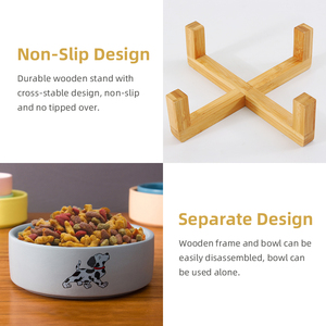 Alimentador de água para animais, alimentador de alimentos por atacado com logotipo personalizado para animais de estimação, tigela de porcelana com suporte de bambu - Product Image 5