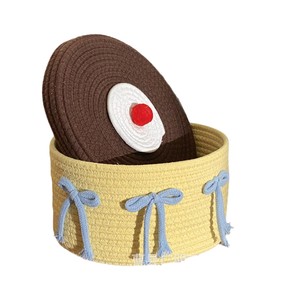 Cotton Woven <b>Storage</b> <b>Basket</b> With Lid Round Yellow <b>Large</b> Capacity Toy Organizer Desktop <b>Storage</b> Box For Children - Product Image 2