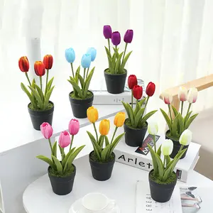 Vendita della fabbrica di plastica pianta 3 teste tulipano in vaso di fiori fiore artificiale con vaso di fiori artificiali decorazione