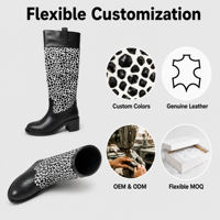 Bottes tendance en cuir véritable noir et blanc à imprimé géométrique, patchwork, hauteur genou, avec fermeture éclair latérale et talon épais confortable