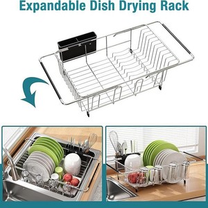 Égouttoir à vaisselle extensible en acier inoxydable pour cuisine, à poser au-dessus de l'évier, avec porte-ustensiles et organisateur de vaisselle - Product Image 2