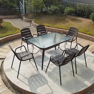 무료 샘플 호화스러운 안뜰 방수 사각 식탁 고정되는 옥외 장방형 테이블과 의자 가구 정원 좌석으로 놓이는
