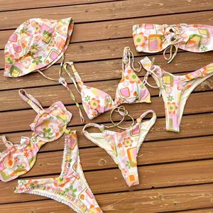 Manufacturer Custom Triangle Swimwear Women Front Tie Tube Top 2 Piece Swimsuit Bathing Suit Floral Bandeau Sexy Bikini Set