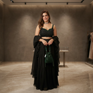 Sari en organza noir moderne prêt-à-porter pour femme, tenue de soirée, séchage rapide, toutes saisons, look haut de gamme pour mariage - Product Image 4