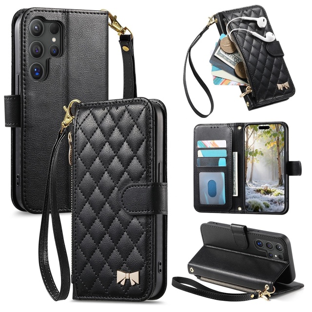 For for S26Ultra Mobile Phone Case PU Leather Embossed Crossbody Coin Purse Wallet with Lanyard and Bracket Protective Case