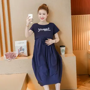 2021 New Fashion Pregnant Women Mom Summer Short Sleeve Lace Up Soft Letter Printed Loose Outdoor Long Nursing Dress