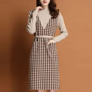 Knitted Dress Autumn New Half High Neck Mid length Dress Over Knee Long Sleeve Thousand Bird Check Bottom Skirt