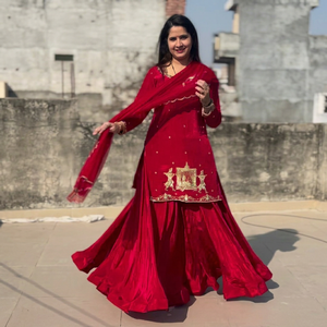 Ensemble Salwar Kameez brodé rouge pour femmes, robe ethnique avec dupatta en filet pour mariage, fête, Diwali - Product Image 1