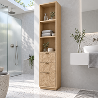 Meuble de rangement moderne en bois clair pour salle de bain, meuble à linge étroit autoportant avec 3 compartiments ouverts et 3 tiroirs