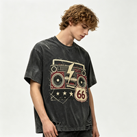 T-shirt noir délavé à l'acide avec motif Route 66 Boombox, en coton épais, effet usé, style streetwear vintage pour homme