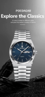 POEDAGAR 821 Montre-bracelet à quartz pour homme en acier inoxydable 40 mm Cadran bleu quadrillé Verre Hardlex Double calendrier Étanche 3 ATM Décontractée