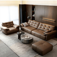Ensemble de canapé modulaire en L en cuir pleine fleur pour salon, couleur Dune Mocha Biscuit, avec accoudoirs capitonnés et ottoman