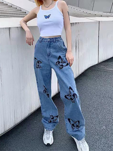 MH310 Jeans à jambe large imprimé papillon style américain streetwear pour femme, taille haute, coupe droite ample, style Old Spice Girl - Product Image 1