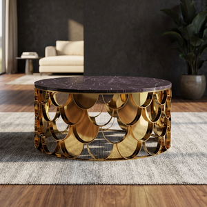 Modern <b>Round</b> Marble Top Coffee <b>Table</b> with <b>Gold</b> Fish Scale Metal Base Contemporary Living Room Furniture - Product Image 2