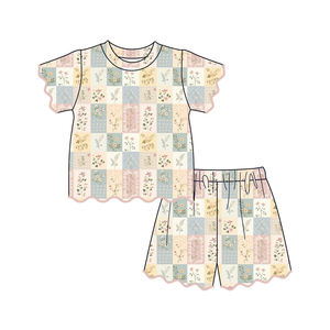 GSSO3538 Conjunto Infantil Personalizado para Niña Activa, con Lazos Azules, Manga Corta, Diseño Festoneado, Venta al Por Mayor - Product Image 3