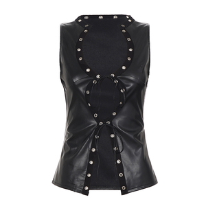 Top de tirantes de cuero PU con aberturas y cuello redondo para mujer, estilo Y2K, ajustado, tipo chaleco streetwear - Product Image 6