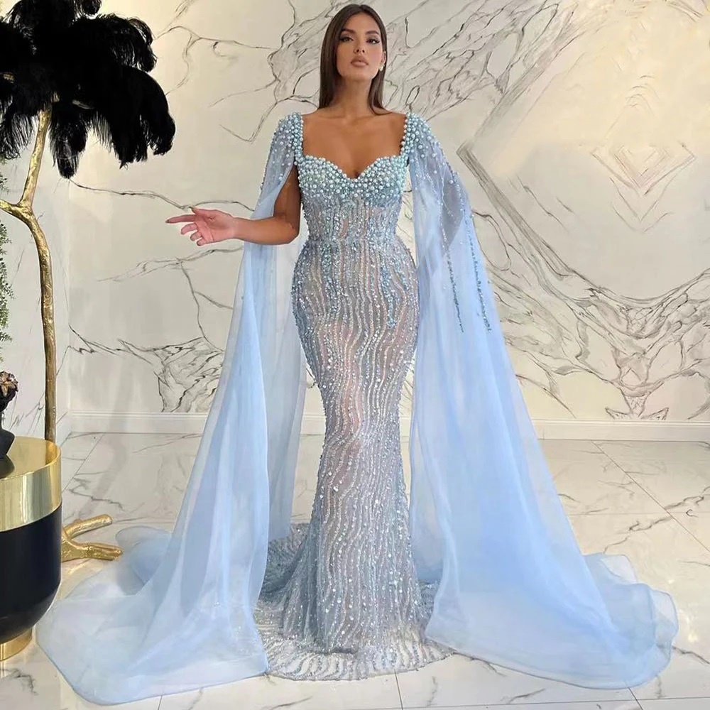 2023 Elegant Beaded Blue Sarees Arabic Gowns Mermaid Elegant Cape Sleeves Sexy Wedding Evening Party Wear Dresses For Women