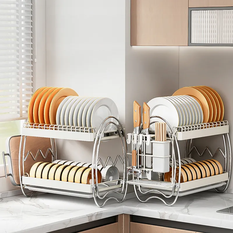 家庭用品箸皿キッチン収納2層ステンレス鋼金属皿乾燥ラック排水パン付き
