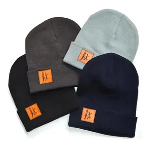 高级袖口折叠空白Gorros De Invierno亚克力平纹针织伯尼帽骷髅帽手表Bennie定制皮革补丁豆豆