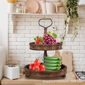 Plateau à gâteau simple en bois à double étage, présentoir à fruits rond, support à desserts, support de rangement pour collations du goûter - Product Image 2