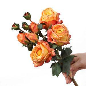 65cm réaliste fleur de soie écrite à la main rétro brûlé bord Roses artificielles 5 têtes rouge Rose fleurs pour la décoration de mariage à la maison - Product Image 6