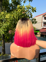Perruque Lace Frontal Rose Lisse Effet Os, Coupe Bob Courte, Cheveux Humains Lisses Colorés, Mélange de Couleurs, Perruque Lace Closure, Perruques Cheveux Vierges