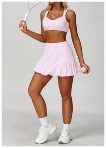 Set pakaian olahraga dan kebugaran wanita, rok tenis bernapas 2 potong dengan bantalan dada pelindung setelan Yoga rok bisbol - Product Image 6
