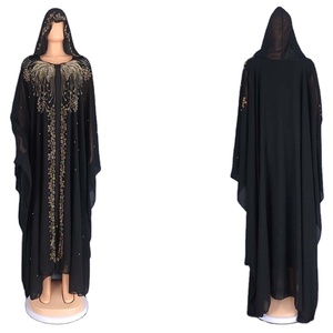 Dubai Arabic phong cách sàn Chiều dài abaya trong màu đen tôn tạo với ren nút dệt từ voan vải đồng bằng nhuộm kỹ thuật - Product Image 2