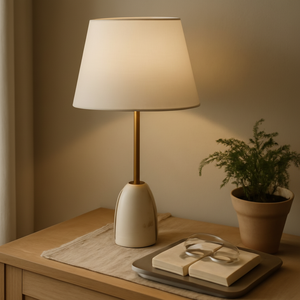 Design contemporain élégant avec une base en céramique blanche et une tige en or, projetant une lumière douce et diffuse pour une ambiance calme. - Product Image 1