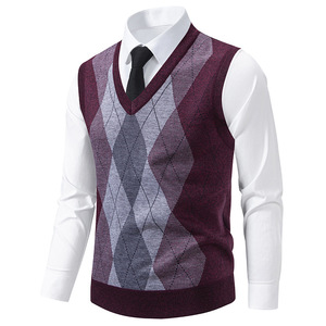 Autumn Winter Classic V Neck Sleeveless Casual Slim Fit Pullover Knitted Sweater <strong>Mens</strong> Argyle Knitwear Vest Tops - Product Image 3
