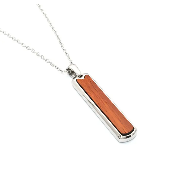 Collier Long Rectangle Unique en Acier Inoxydable 316L en Bois Véritable pour Hommes d'Affaires