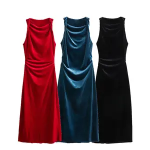 Kadınlar için seksi kırmızı kadife kolsuz Midi parti gece elbiseleri
