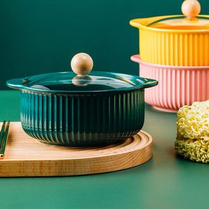 Bol de cuisson en céramique à double anse avec couvercle, grand pot à soupe et nouilles pour la maison, bassine de cuisson individuelle - Product Image 4