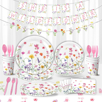 Articles de fête d'anniversaire à thème floral sauvage, décorations de fête à thème fleurs de printemps, ensemble de vaisselle, assiettes en papier, gobelets, serviettes, nappe