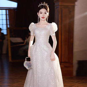 Silver Gray Sequined Evening Gown Square Collar Natural Waistline Princess Dress For Coming Of Age Ceremony - Product Image 3