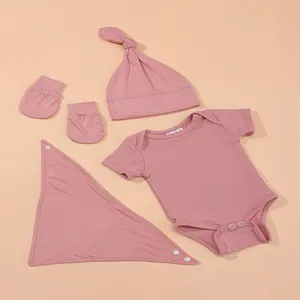 Baby girls' clothes 0-3M Infant plain 100 cotton dusty pink one piece baby short sleeve rompers with mitten hat and bibs