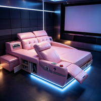 Lit double multifonction en cuir véritable avec massage, haut-parleurs et rangement pour chambre principale et home cinéma