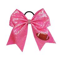 Élastique à cheveux rose scintillant pour filles avec nœud de cheerleading et ballon de sport – Football/Basketball/Baseball/Badminton pour enfants et cheerleading