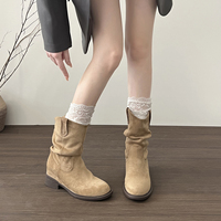 Bottines à bout rond et talon carré en daim pour femme, style western, avec découpe en V et languette repliable, 3 couleurs.