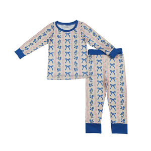 Ensemble de vêtements en soie pour petites filles, manches longues, pantalon, motif nœud, deux pièces, pyjama, tenue de jour, mode printemps, vente en gros - Product Image 1