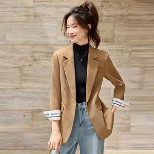 Women's Blazer Spring Autumn 2025 Coffee Color Solid Splicing Anti-Wrinkle Polyester Worst Fabric Professional Commuting Top - Product Image 1
