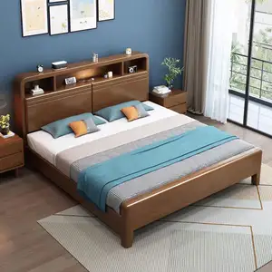 מיטה בסגנון מינימליסטי עם ראש מיטה בסגנון נורדי סט ריהוט חדר שינה קווין סייז מבריק מיטה מעץ מלא חדר שינה מעץ