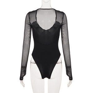 Body de malla transparente para mujer, manga larga, ajustado, color liso, detalle transparente, cuello en V profundo, estilo Y2K, sexy, ropa de calle, ropa de club - Product Image 6