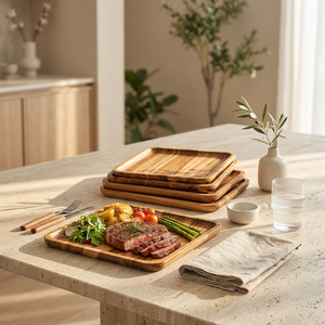 Ensemble de plateaux de service en bois d'acacia, modernes, multifonctionnels, empilables, à un seul niveau, finition polie, rangement, cuisine, maison, hôtel, restaurant - Product Image 1
