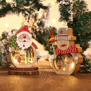LED Christmas Light Ornament Wooden Santa Lantern Ornaments for Tabletop Christmas Decoration Gift LED Lantern
