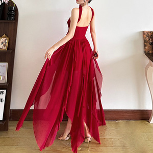 Robe longue en mousseline de soie à bretelles françaises, sexy, dos nu, irrégulière, à volants - Product Image 3