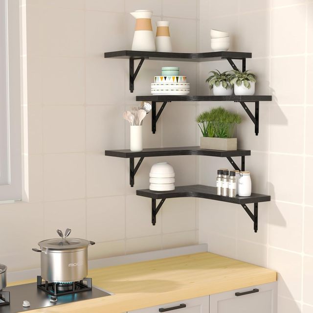 Wooden Wall Shelf Floating Corner Multi-Purpose Storage Rack Modern for Kitchen Bathroom Bedroom Living Room