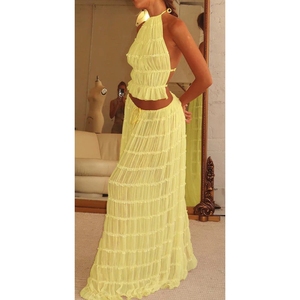 <b>Sexy</b> Backless Hanging Neck Strap Pleated Lace Lace Vest Women's Long Skirt <b>Set</b> Fashion - Product Image 5